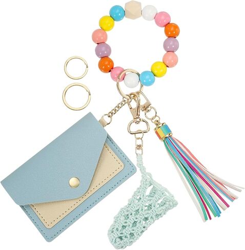 Small Credit Card Wallet with Keychain Wristlet Silicone Beads Ring and Net Lip Balm Holder, PU Leather Card Holder for Women, Purple in Saudi Arabia