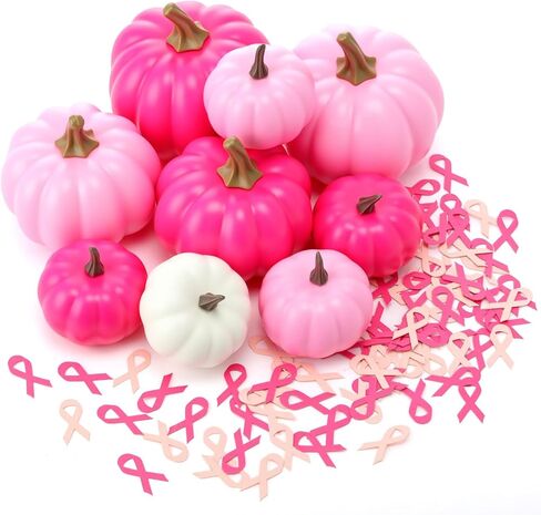 Breast Cancer Awareness Pumpkin Decorations 9 Pcs Hot Pink Artificial Pumpkins 200 Ribbon Confetti Bulk Large Deep Pink Foam Pumpkins for Fight Cancer Fundraisers Charity Party Supplies in Saudi Arabia