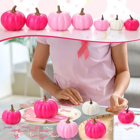 Breast Cancer Awareness Pumpkin Decorations 9 Pcs Hot Pink Artificial Pumpkins 200 Ribbon Confetti Bulk Large Deep Pink Foam Pumpkins for Fight Cancer Fundraisers Charity Party Supplies in Saudi Arabia
