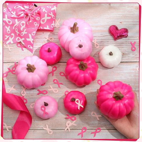 Breast Cancer Awareness Pumpkin Decorations 9 Pcs Hot Pink Artificial Pumpkins 200 Ribbon Confetti Bulk Large Deep Pink Foam Pumpkins for Fight Cancer Fundraisers Charity Party Supplies in Saudi Arabia