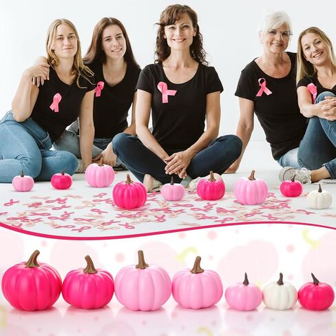 Breast Cancer Awareness Pumpkin Decorations 9 Pcs Hot Pink Artificial Pumpkins 200 Ribbon Confetti Bulk Large Deep Pink Foam Pumpkins for Fight Cancer Fundraisers Charity Party Supplies in Saudi Arabia