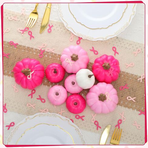 Breast Cancer Awareness Pumpkin Decorations 9 Pcs Hot Pink Artificial Pumpkins 200 Ribbon Confetti Bulk Large Deep Pink Foam Pumpkins for Fight Cancer Fundraisers Charity Party Supplies in Saudi Arabia