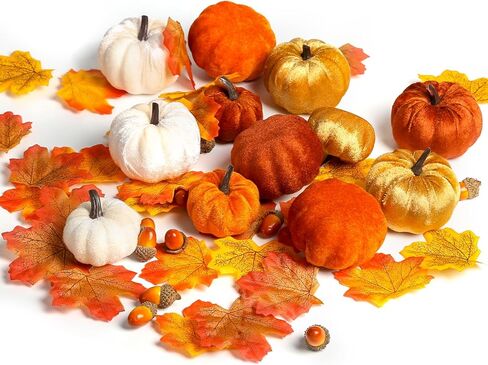 12pcs الخريف المخملية ديكورات القرع ، النسيج المزيف مصغرة مخملية الاصطناعية القرع أوراق القيقب وأرجل الاصطناعية لمزرعة الخريف حصاد عيد الشكر حفل زفاف حفل زفاف المنزل in Kuwait