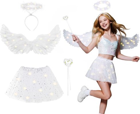 4pcs LED Angel Costume for Girls Teenger Adults Halloween Angel Wings Hola Wand Tutu Skirt Party Dress Up Clothes in Kuwait