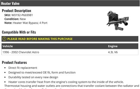 Heater Valve - 4-Port - Compatible with 1996-2002 Chevy Astro 4.3L V6 in Saudi Arabia