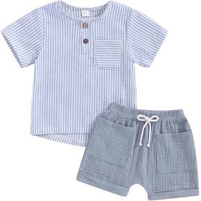 fhutpw Summer Baby Toddler Boy Clothes Muslin Henley Shirt & Short Sets | 2Pcs Outfit, Short Sleeve, Button Down Shirt, Color Block, Infant Cool Clothing, Elastic Waist, 12 18 Months, 2T in Saudi Arabia