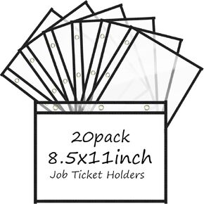 20 Pcs Horizontal Job Ticket Holders 8.5x11, 3 Rings Dry Erase Pocket Sleeves Work Order Plastic Sleeves Landscape Shop Ticket Holders for Classroom Office School Document, Clear (Black)
