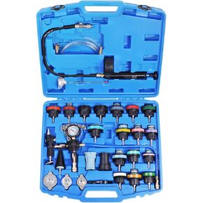 Radiator Pressure Tester Pneumatic Vacuum Cooling System Purge Refill Kit 28PCS Universal Automotive Water Tank Leak Test and Coolant Fill Tool Set with Adapters Gauge Case