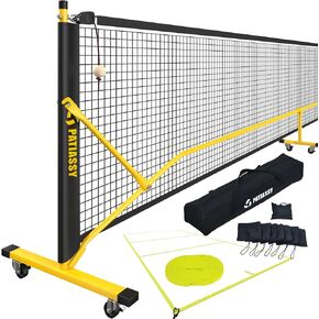 Pickleball Net Set with Wheels and Pickleball Court Marking Kit 22 FT Regulation Size Portable Pickleball Nets with Net Tension Adjuster, 8 Sandbags for Outdoor Indoor Driveway