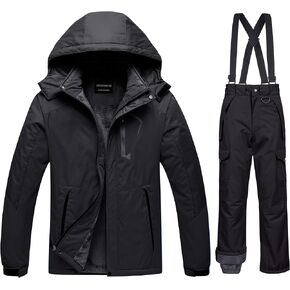 CREATMO US Men's Mountain Waterproof Ski Snow Jacket Winter Windproof Rain Jacket Snow Bibs Pants Sets Black Size X-Large