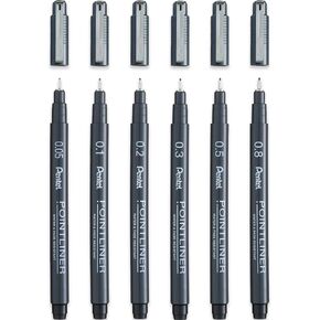 Pentel S20P Pointliner Pigment Liner Technical Drawing Fineliner Pen - 0.05mm, 0.1mm, 0.2mm, 0.3mm, 0.5mm, 0.8mm - Black Ink - Pack of 6