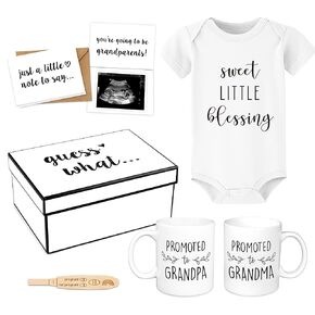 Pregnancy Announcement for Grandparents, Baby Reveal Ideas Gifts - Promoted to Grandma & Grandpa Coffee Mug Set, Baby Onesie, Wooden Positive Pregnancy Test, Baby Reveal Card