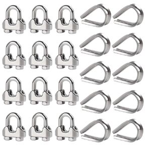 12Pcs 3/16" M5 Wire Rope Cable Clip Clamps 10 Pcs M5 Wire Rope Thimble, 304 Stainless Steel Cable Clamps Kit for 3/16 inch Wire Rope Cable Thimbles Rigging