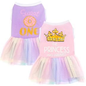 2 Pieces Dog Dress, Cute Dog Clothes for Small Dogs Girl, Princess Donuts Pattern Puppy Tutu Skirt Birthday Wedding Dresses Pet Cat Outfit Shirt, Purple and Pink, Size XS