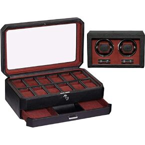Gift Set 12 Slot Leather Watch Box with Valet Drawer & Matching Double Watch Winder - Luxury Watch Case Display Organizer, Locking Mens Jewelry Watches Holder, Men's Storage Boxes Glass Top Black/Red