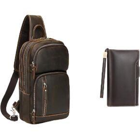 LANNSYNE Full Grain Leather Sling Bag and Leather Travel Passport Long Wallet