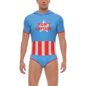 Mens Short Sleeve Bodysuit Romper Pajamas For Men Button Crotch Onesies-Captain Hoodie Onesies