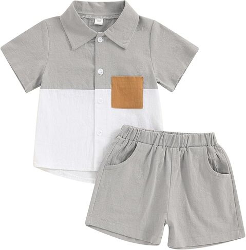fhutpw Toddler Boy Patchwork Summer Outfits Short Sleeve Button Down Shirt Tops & Casual Shorts Sets Baby 2T 3T 4T 5T Clothes in Saudi Arabia