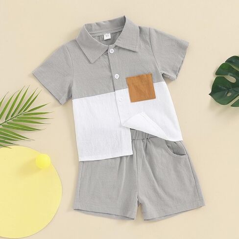 fhutpw Toddler Boy Patchwork Summer Outfits Short Sleeve Button Down Shirt Tops & Casual Shorts Sets Baby 2T 3T 4T 5T Clothes in Saudi Arabia