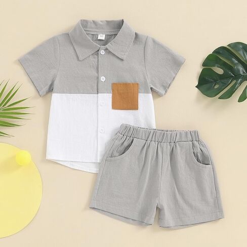 fhutpw Toddler Boy Patchwork Summer Outfits Short Sleeve Button Down Shirt Tops & Casual Shorts Sets Baby 2T 3T 4T 5T Clothes in Saudi Arabia