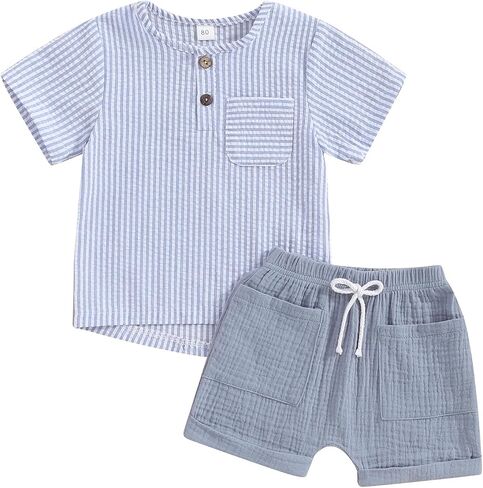 fhutpw Summer Baby Toddler Boy Clothes Muslin Henley Shirt & Short Sets | 2Pcs Outfit, Short Sleeve, Button Down Shirt, Color Block, Infant Cool Clothing, Elastic Waist, 12 18 Months, 2T in Saudi Arabia