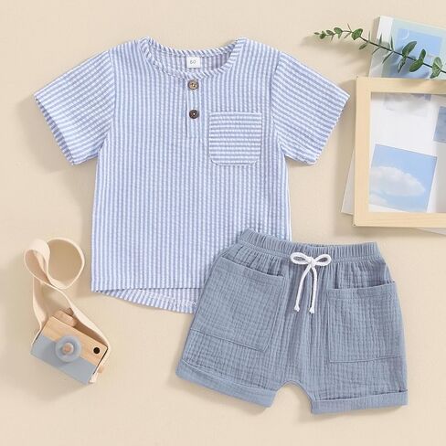 fhutpw Summer Baby Toddler Boy Clothes Muslin Henley Shirt & Short Sets | 2Pcs Outfit, Short Sleeve, Button Down Shirt, Color Block, Infant Cool Clothing, Elastic Waist, 12 18 Months, 2T in Saudi Arabia