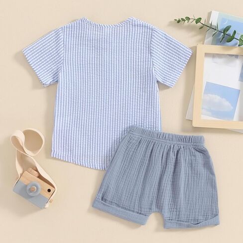 fhutpw Summer Baby Toddler Boy Clothes Muslin Henley Shirt & Short Sets | 2Pcs Outfit, Short Sleeve, Button Down Shirt, Color Block, Infant Cool Clothing, Elastic Waist, 12 18 Months, 2T in Saudi Arabia