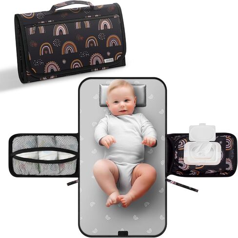 Babebay Portable Diaper Changing Pad, Travel Baby Changing Pad with Wipes Pocket, Changing Pad for Newborn Girl & Boy, Waterproof Portable Changing Mat, Boho Rainbow Sun in Saudi Arabia