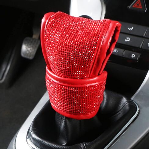 Bling Bling Auto Shift Gear Cover, Leather Auto Gear Shift Knob Cover with Crystal Glitter Bling Rhinestones for Girls,Lady Universal Fit (Red) in Kuwait