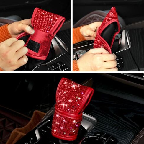 Bling Bling Auto Shift Gear Cover, Leather Auto Gear Shift Knob Cover with Crystal Glitter Bling Rhinestones for Girls,Lady Universal Fit (Red) in Kuwait