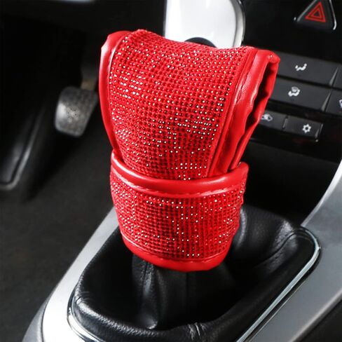 Bling Bling Auto Shift Gear Cover, Leather Auto Gear Shift Knob Cover with Crystal Glitter Bling Rhinestones for Girls,Lady Universal Fit (Red) in Kuwait