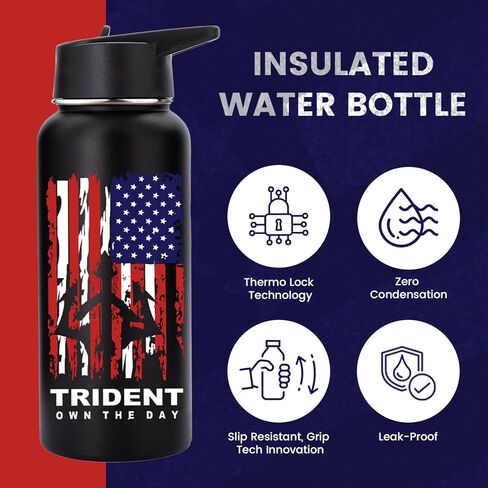 American Flag Water Bottle, 21 oz Insulated Water Bottle, Reusable Water Bottle with Straw, Leak Proof Water Bottles, Thermos Water Bottle - Retired Navy Combat Vet Small Business (Black, 21 Oz) in Saudi Arabia