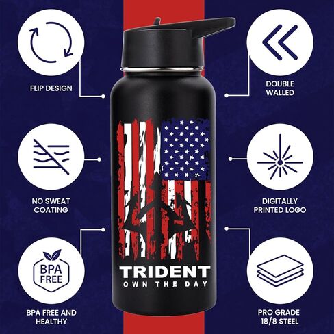 American Flag Water Bottle, 21 oz Insulated Water Bottle, Reusable Water Bottle with Straw, Leak Proof Water Bottles, Thermos Water Bottle - Retired Navy Combat Vet Small Business (Black, 21 Oz) in Saudi Arabia