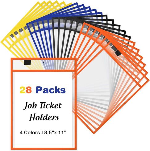 Cholemy 28 Pcs Job Ticket Holder Reusable Ticket Pocket Plastic Dry Erase Sleeves Waterproof Document Protector for Shop Teacher Work Classroom Office (Black, Red, Blue, Green,9 x 12 Inches) in Saudi Arabia
