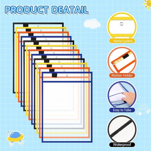 Cholemy 28 Pcs Job Ticket Holder Reusable Ticket Pocket Plastic Dry Erase Sleeves Waterproof Document Protector for Shop Teacher Work Classroom Office (Black, Red, Blue, Green,9 x 12 Inches) in Saudi Arabia