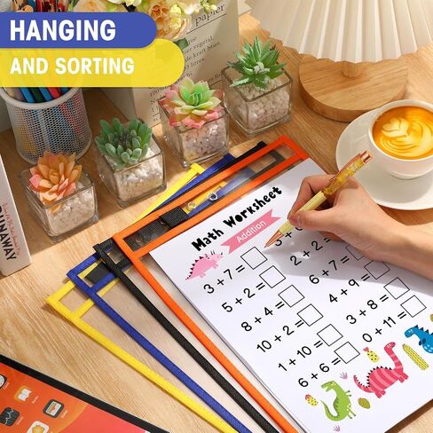 Cholemy 28 Pcs Job Ticket Holder Reusable Ticket Pocket Plastic Dry Erase Sleeves Waterproof Document Protector for Shop Teacher Work Classroom Office (Black, Red, Blue, Green,9 x 12 Inches) in Saudi Arabia
