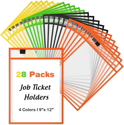 Cholemy 28 Pcs Job Ticket Holder Reusable Ticket Pocket Plastic Dry Erase Sleeves Waterproof Document Protector for Shop Teacher Work Classroom Office (Black, Red, Blue, Green,9 x 12 Inches) in Saudi Arabia