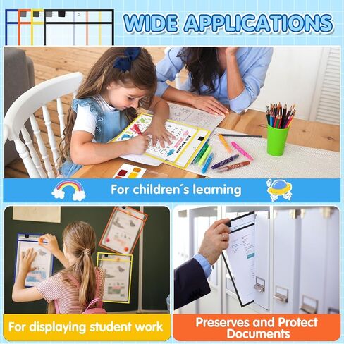 Cholemy 28 Pcs Job Ticket Holder Reusable Ticket Pocket Plastic Dry Erase Sleeves Waterproof Document Protector for Shop Teacher Work Classroom Office (Black, Red, Blue, Green,9 x 12 Inches) in Saudi Arabia