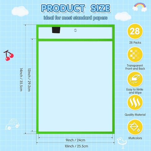 Cholemy 28 Pcs Job Ticket Holder Reusable Ticket Pocket Plastic Dry Erase Sleeves Waterproof Document Protector for Shop Teacher Work Classroom Office (Black, Red, Blue, Green,9 x 12 Inches) in Saudi Arabia