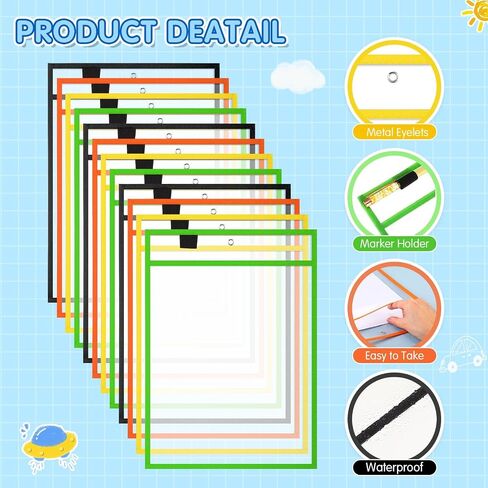Cholemy 28 Pcs Job Ticket Holder Reusable Ticket Pocket Plastic Dry Erase Sleeves Waterproof Document Protector for Shop Teacher Work Classroom Office (Black, Red, Blue, Green,9 x 12 Inches) in Saudi Arabia