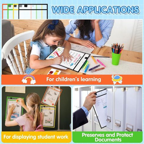 Cholemy 28 Pcs Job Ticket Holder Reusable Ticket Pocket Plastic Dry Erase Sleeves Waterproof Document Protector for Shop Teacher Work Classroom Office (Black, Red, Blue, Green,9 x 12 Inches) in Saudi Arabia
