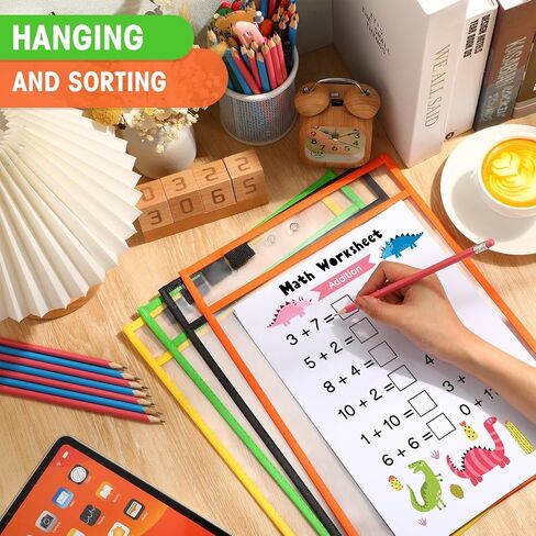 Cholemy 28 Pcs Job Ticket Holder Reusable Ticket Pocket Plastic Dry Erase Sleeves Waterproof Document Protector for Shop Teacher Work Classroom Office (Black, Red, Blue, Green,9 x 12 Inches) in Saudi Arabia