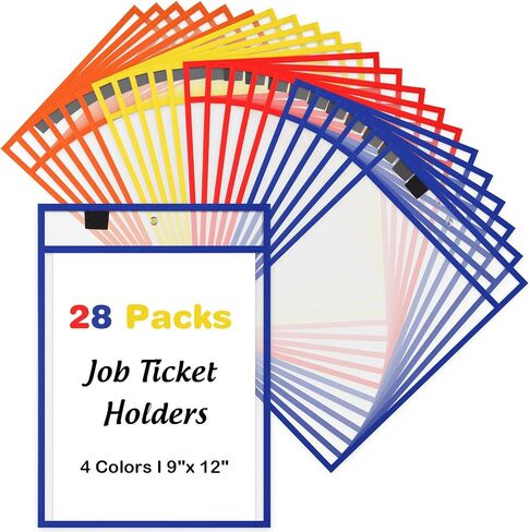 Cholemy 28 Pcs Job Ticket Holder Reusable Ticket Pocket Plastic Dry Erase Sleeves Waterproof Document Protector for Shop Teacher Work Classroom Office (Black, Red, Blue, Green,9 x 12 Inches) in Saudi Arabia