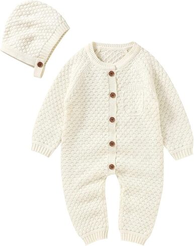 mimixiong القطن الطفل رومبير الوليد الطفل محبوك الملابس سترة طويلة الأكمام الزي للأولاد والفتيات مع طقم قبعات دافئة in Kuwait