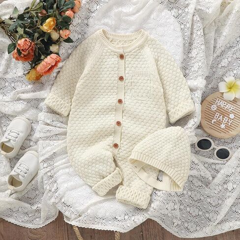mimixiong القطن الطفل رومبير الوليد الطفل محبوك الملابس سترة طويلة الأكمام الزي للأولاد والفتيات مع طقم قبعات دافئة in Kuwait
