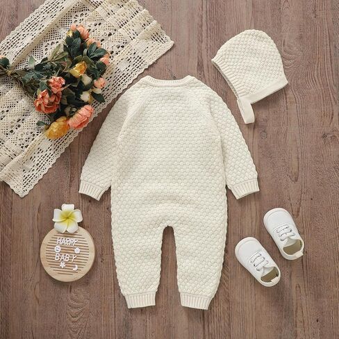 mimixiong القطن الطفل رومبير الوليد الطفل محبوك الملابس سترة طويلة الأكمام الزي للأولاد والفتيات مع طقم قبعات دافئة in Kuwait