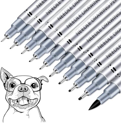 Drawing Waterproof Pen, Black Fine Liner, Fine Point Drawing Pen 0.2mm to 1.0mm Writing Marker Pens Width Tips and 2.5mm, Flare Pens 0.38 Pens Fine Point Black Pens (Set of 10) in Saudi Arabia