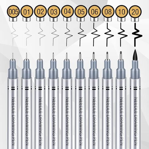 Drawing Waterproof Pen, Black Fine Liner, Fine Point Drawing Pen 0.2mm to 1.0mm Writing Marker Pens Width Tips and 2.5mm, Flare Pens 0.38 Pens Fine Point Black Pens (Set of 10) in Saudi Arabia