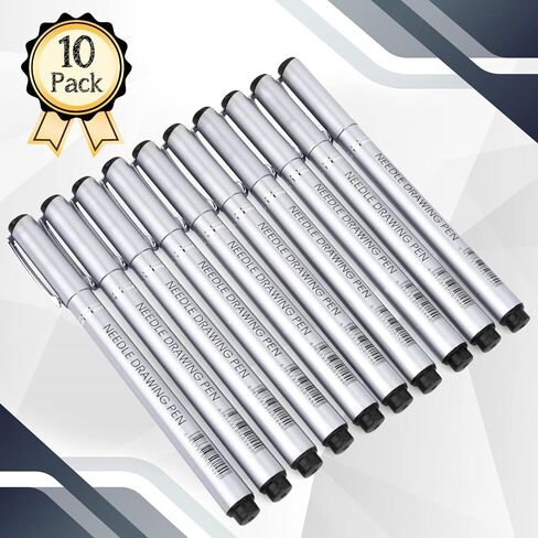 Drawing Waterproof Pen, Black Fine Liner, Fine Point Drawing Pen 0.2mm to 1.0mm Writing Marker Pens Width Tips and 2.5mm, Flare Pens 0.38 Pens Fine Point Black Pens (Set of 10) in Saudi Arabia