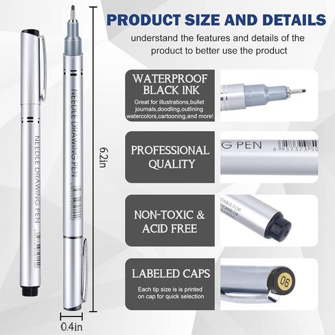 Drawing Waterproof Pen, Black Fine Liner, Fine Point Drawing Pen 0.2mm to 1.0mm Writing Marker Pens Width Tips and 2.5mm, Flare Pens 0.38 Pens Fine Point Black Pens (Set of 10) in Saudi Arabia